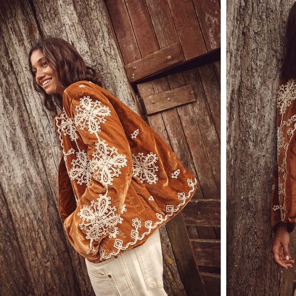 We The Free Jackets & Blazers - We The Free Rust Velvet Embroidered Jacket with Cream Lace